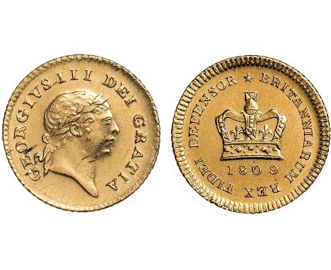 George III, third guinea, 1809, laur. head r., rev. crown, date below (S.3740), minor flecking to flans, good very fine