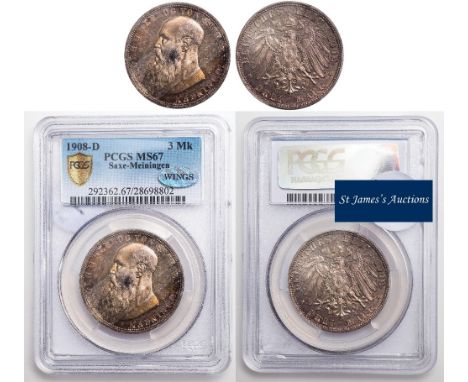 † - Germany, Saxe-Meiningen, Georg II, 3 marks, 1908D, bearded bust l., rev. imperial eagle (KM.208), authenticated and grade