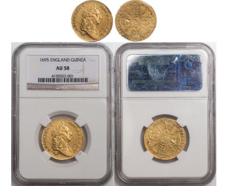 William III, guinea, 1695, authenticated and graded by NGC as About Uncirculated 58, first laur. bust r., rev. crowned crucif