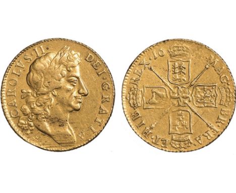 Charles II, guinea, 16??, fourth laur. bust r., rev. crowned cruciform shields, sceptres in angles (S.3344), last two digits 