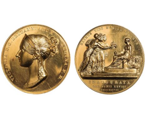 Victoria, gold medal for the Coronation, 1838, by Pistrucci, bust l., rev. ERIMUS TIBI NOBILE REGNUM, Victoria enthroned l., 