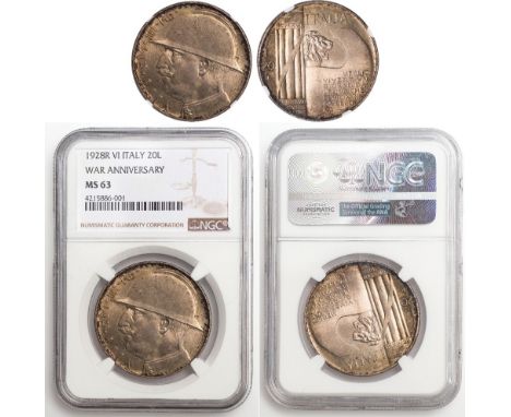 Italy, Kingdom, Victor Emanuel III, 20 lire, 1928R, 10th Anniversary of End of WWI, helmeted head l., rev. fasces, lion’s hea