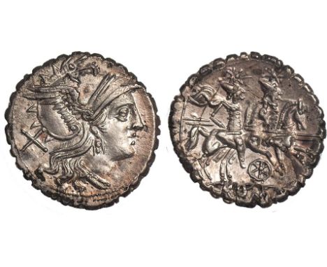 † - Roman Republic, denarius, Rome (209-208 BC), hd. of Roma r., X behind, rev. the Dioscuri riding r., stars above their hea