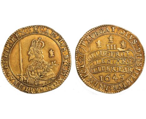 Charles I, triple unite, Oxford mint, mm. plume with bands on obverse only, 1643, crowned taller bust l., holding sword and o