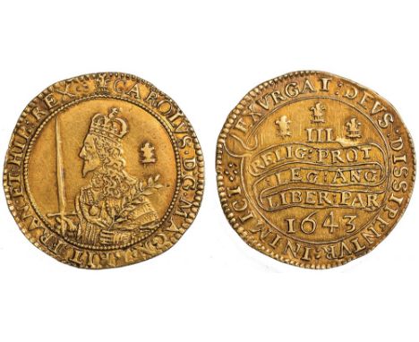 Charles I, triple unite, Oxford mint, mm. plume with bands on obverse only, 1643, crowned taller bust l., holding sword and o