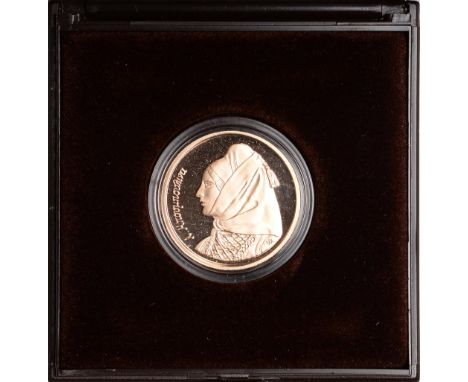 Greece, Republic, proof gold drachma, 2000, portrait of Lascarina Bouboulina l., rev. sailing ship, value and date below (KM.