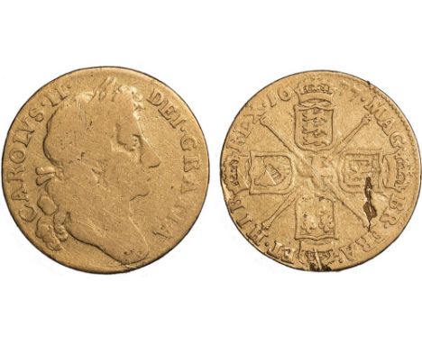 Charles II, guinea, 1677, fourth laur. bust r., rev. crowned cruciform shields, sceptres in angles (S.3344), some metal flaws