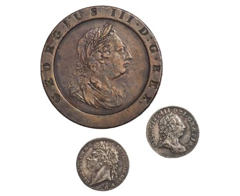 George III, twopence, 1797, laur. and cuir. bust r., rev. Britannia seated l. (S.3776); with a threepence, 1762 and a Maundy 