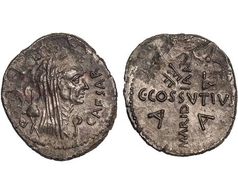 † - Julius Caesar, denarius (44 BC), CAESAR PARENS PATRIAE (fragmented), laur. veiled hd. r., lituus below chin, priest’s bon