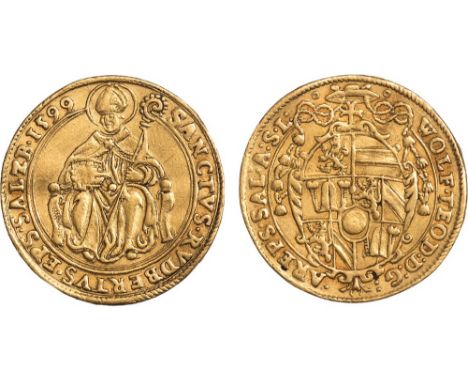 Austria, Salzburg, Wolf Dietrich von Raitenau, 2 ducats, 1599, arms, rev. enthroned figure of St. Rupert, wt. 6.81gms. (Fr.66