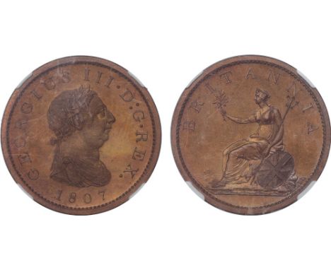 George III, restrike proof penny, in bronzed copper, 1807, authenticated and graded by NGC as Proof 66 Brown, laur. and dr. b