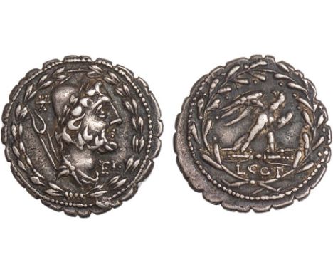 Lucius Aurelius Cotta (105 BC), denarius, dr. bust of Vulcan r. wearing laur. pileus, tongs and * behind, E with two dots bel