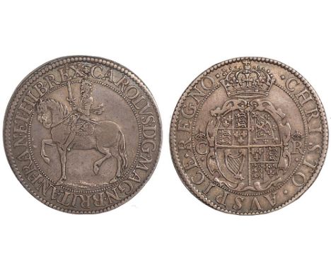 † - Charles I, Briot’s first milled issue (1631-1632), halfcrown, mm. flower and B/B, king on horseback l., rev. crowned garn