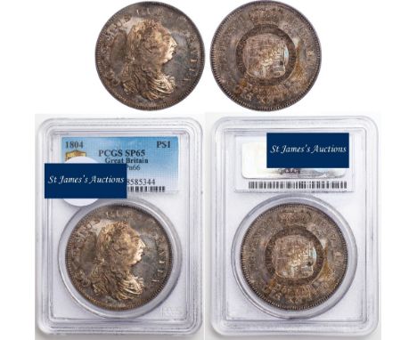 George III, Bank of England, dollar, 1804, authenticated and graded by PCGS as Specimen 65, type I/3, laur. and dr. bust r., 