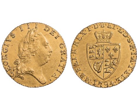 George III, half guinea, 1794, fifth laur. head r., rev. crowned shield of arms (S.3735); half sovereign, 1817, laur. head r.