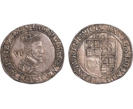 † - James I, first coinage, sixpence, 1603, mm. thistle, first bust r., value behind head, rev. shield of arms, date above (S