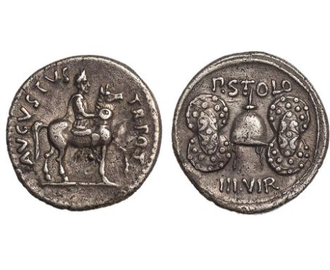 † - Augustus, denarius (17 BC), struck by P. Licinius Stolo, AVGVSTVS TR POT, Augustus on horseback r., rev. P STOLO above fl