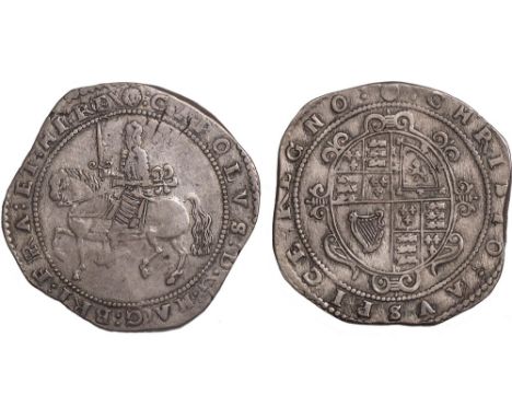 † - Charles I, crown, Exeter mint, 1644, mm. rose, crowned figure of king on horseback l., brandishing sword, king’s sash in 