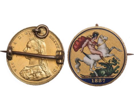 Victoria, sovereign, 1887, the St. George reverse enamelled in six colours, suspension ring on obverse, but brooch mount remo