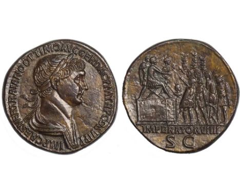 † - Trajan (AD 98-117), sestertius, IMP CAES NER TRAIANO OPTIMO AVG GER DAC PM TRP COS VI PP, dr. laur. bust r., rev. Trajan 