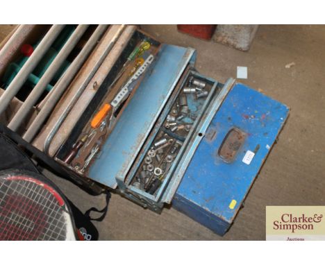 Two cantilever tool boxes and a wooden tool box and contents of various hand tools