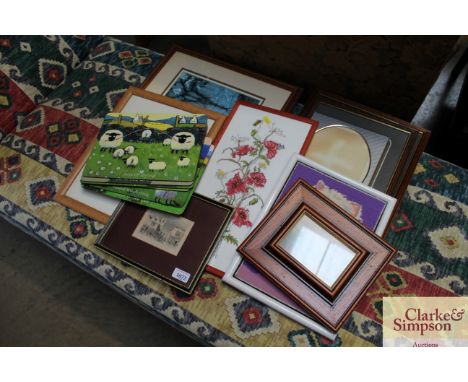 A quantity of various pictures and prints, place mats, photo frames 