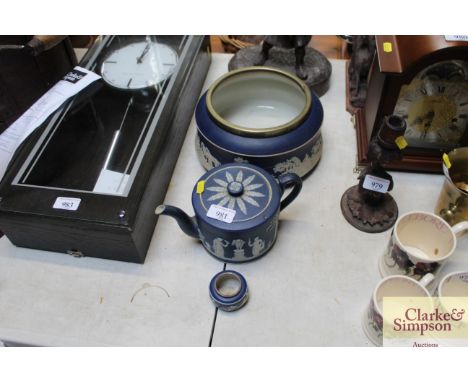 A Wedgwood Jasper ware bowl with silver plated rim (AF), a Wedgwood Jasper ware teapot and a Wedgwood Jasper ware pot with si