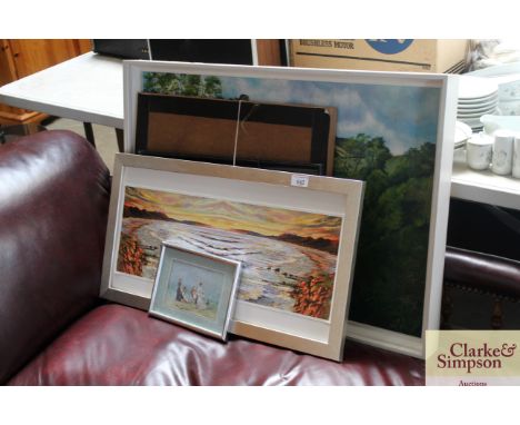 A signed oil on canvas depicting a rural landscape scene together with various pictures and prints