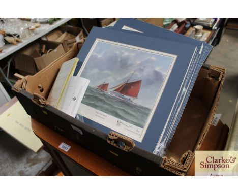 A box containing various pencil signed prints by Anthony Osler depicting ships