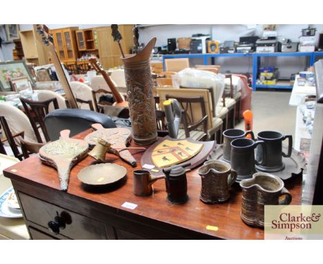 A quantity of pewterware, Studio Pottery mugs, a copper stick stand etc.