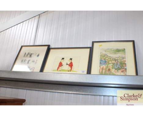 Three framed prints, "The Hunting Port", "Cambridge and Different Wine" and "Different Manners"