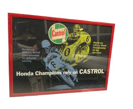 Vintage Castrol advertising poster 'Honda Champions Rely On Castrol', mounted in glazed frame, image 70 x 50cm