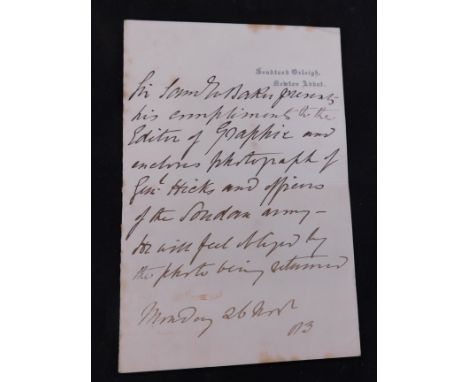 SIR SAMUEL WHITE BAKER (1821-1893) autograph letter signed circa 1883, Sandford Orleigh Newton Abbot headed notepaper, 1 page