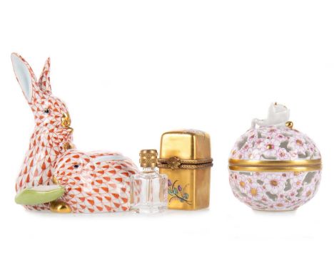 HEREND GROUP OF TWO RABBITS AND OTHERS, also a Herand pot pourri and glass perfume bottle in a Limoges ceramic casethe rabbit