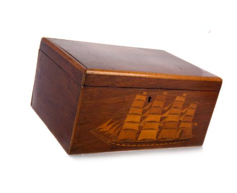 MAHOGANY WORK BOX, 19TH CENTURY  with marquetry decoration of a ship and with interior ivory handlesThis lot contains elephan