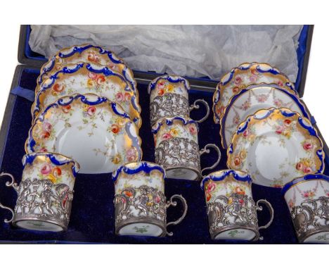 EDWARDIAN SILVER MOUNTED COMPOSITE AYNSLEY COFFEE SERVICE, THE MOUNTS WILLIAM HUTTON, LONDON 1903 comprising five matching co