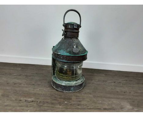 SHIRE TRAWLERS LIMITED OF GRIMSBY, SHIP'S COPPER MAST HEAD LAMP LATE 19TH / EARLY 20TH CENTURY with moulded clear glass shade