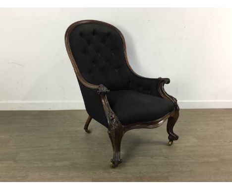 VICTORIAN MAHOGANY BUTTON BACK ARMCHAIR, LATE 19TH CENTURY with swept and scrolled arms, raised on front cabriole supports to