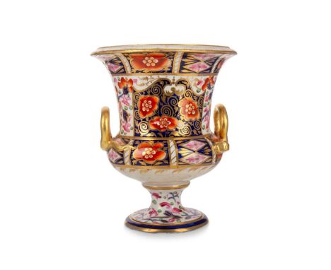 DERBY CAMPAGNA SHAPED DOUBLE HANDLED VASE, 19TH CENTURY decorated with panels of flowers in the manner of William Pegg, along