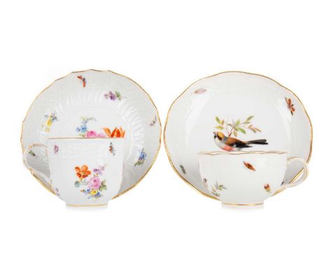 MEISSEN, TWO CABINET CUPS AND SAUCERS, LATE 19TH / EARLY 20TH CENTURY both pieces with basket weave moulding, the first paint