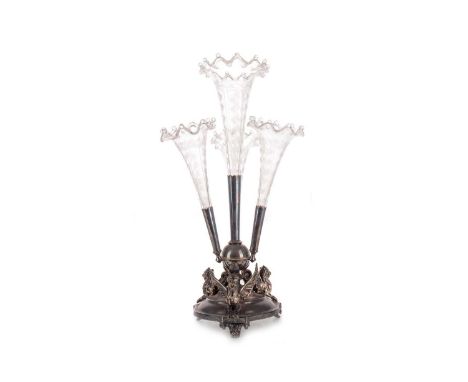 VICTORIAN SILVER PLATED AND CLEAR GLASS EPERGNE, THOMAS LATHAM & ERNEST MORTON the four flower trumpets with crimped rims and