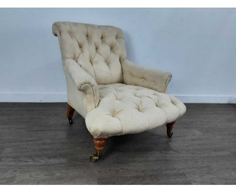 COPE & COLLINSON, VICTORIAN SCROLL EASY CHAIR, button backed soft upholstery, on turned beech front supports terminating in s