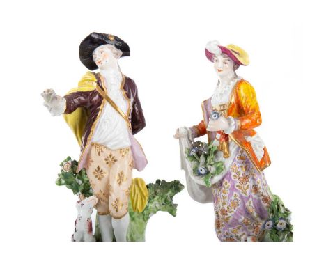 PAIR OF PORCELAIN BOCAGE FIGURES, LIKELY SAMSON, LATE 19TH CENTURY modelled as a gentleman with dog and lady with lamb, both 