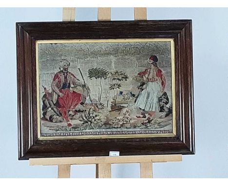 VICTORIAN EMBROIDERY, A TURK AND ARAB signed for Bethen Nisbet, aged 13, dated 1850 'under the tuition of M. M'gre', in rosew