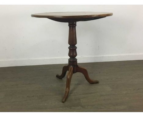 GEORGE III MAHOGANY TILT TOP TEA TABLE, AND A SMALL OCCASIONAL TABLE` the tilt top table on turned column to tripod supports,