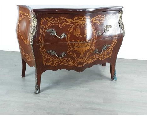 REPRODUCTION KINGWOOD AND MARQUETRY BOMBE COMMODE, 20TH CENTURY with gilt metal mounts and two long drawers87cm x 114cm
