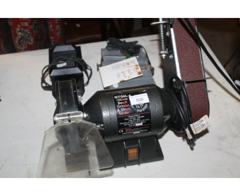 A 150MM BENCH GRINDER, 50MM SANDER ETC.
