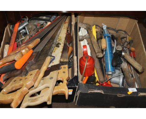 TWO BOXES OF ASSORTED TOOLS TO INCLUDE HAND SAWS ETC