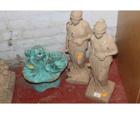TWO GARDEN STATUES TOGETHER WITH A FROG ORNAMENT