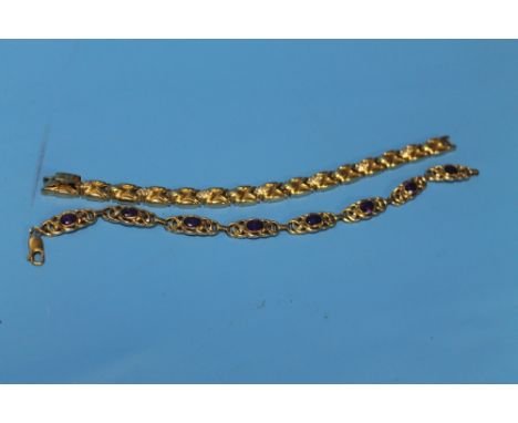 A 9 CT GOLD AND AMETHYST BRACELET TOGETHER WITH A GOLD PLATED BRACELET